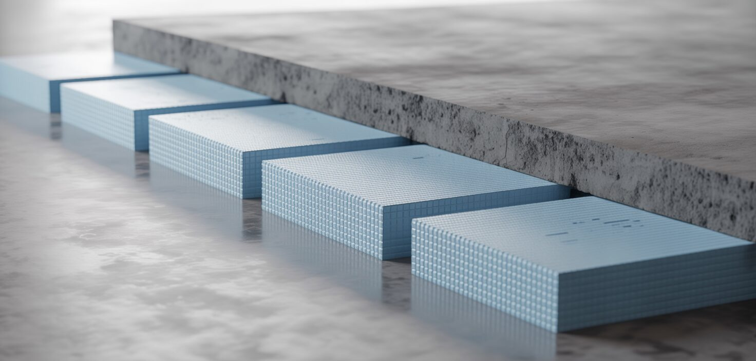 En högupplöst bild av EPS-frigolit som isolerar under en betongplatta, med fokus på isoleringens struktur.