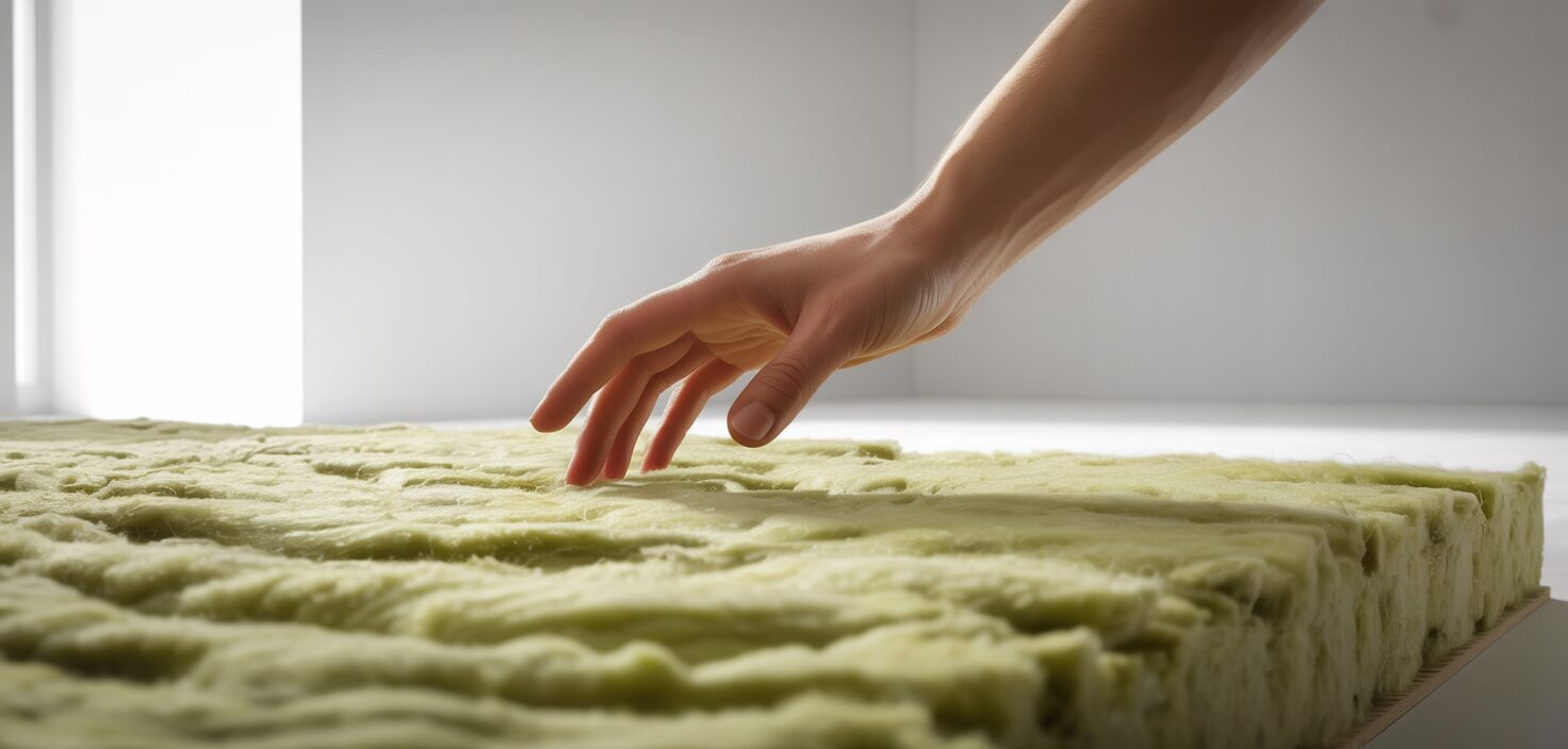 En minimalistisk vy av en mans hand som känner på en isolerad vägg, med fokus på materialens textur.