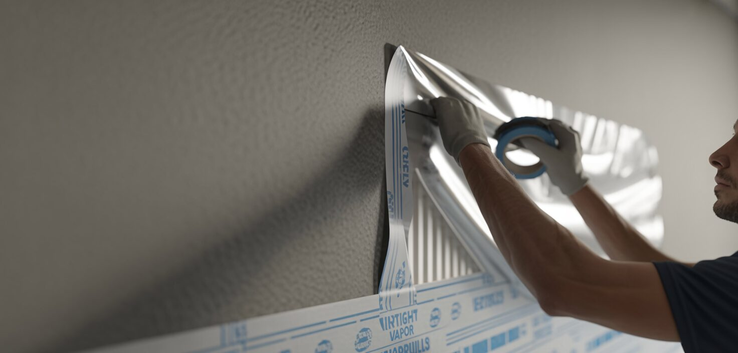 En photorealistisk bild av en professionell installatör som använder en ångspärr på en vägg under invändig isolering, med fokus på noggrannhet och tätning.