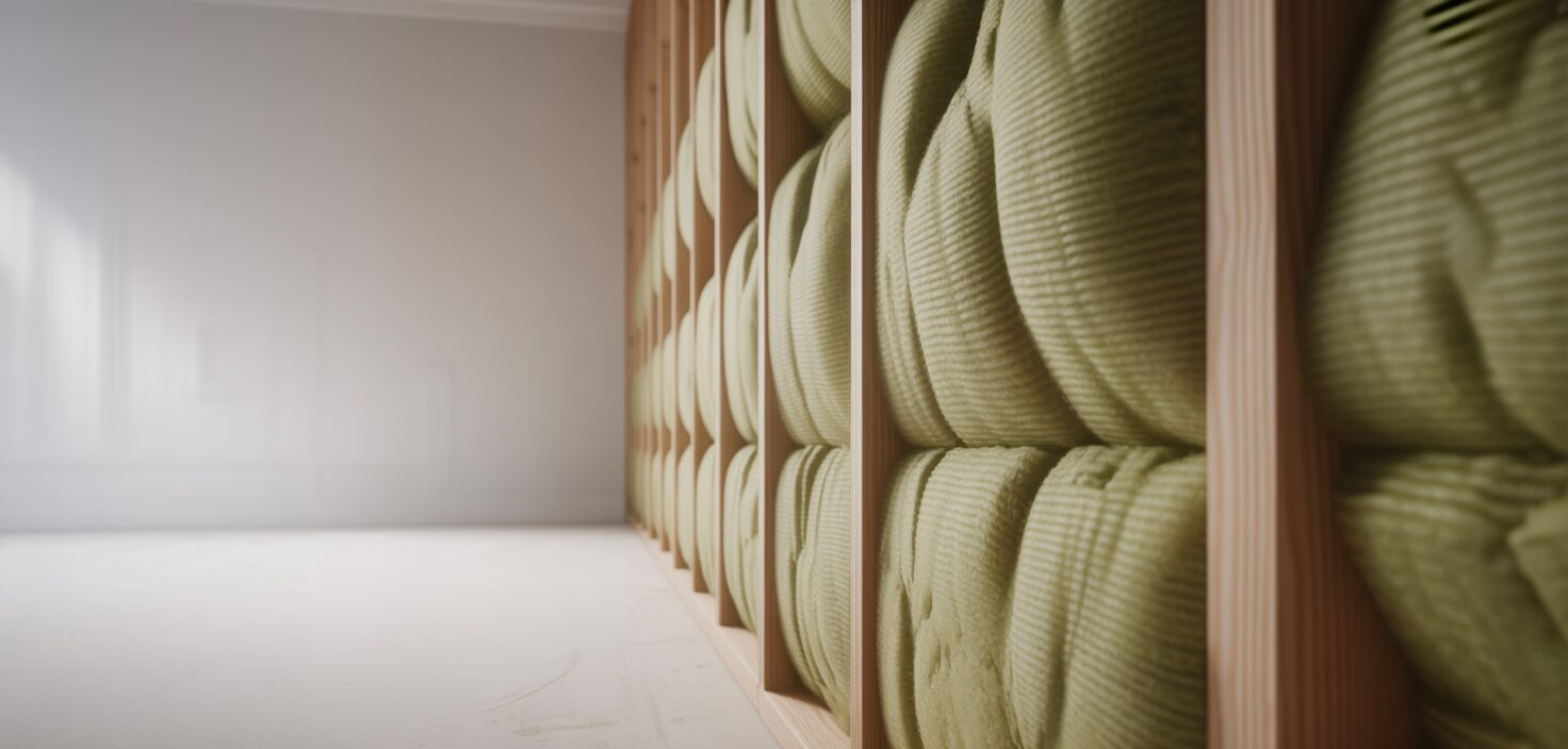 En minimalistisk bild av ljuddämpande isolering i en innervägg. Mineralull installeras mellan reglar.