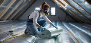 En fotorealistisk bild av en kvinna som installera mineralulls isolering med skyddsutrustning.