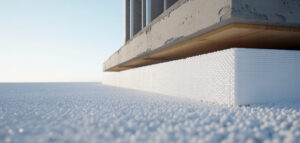 En fotorealistisk bild av en markisolering installation, cellplast skivor under betongplatta.