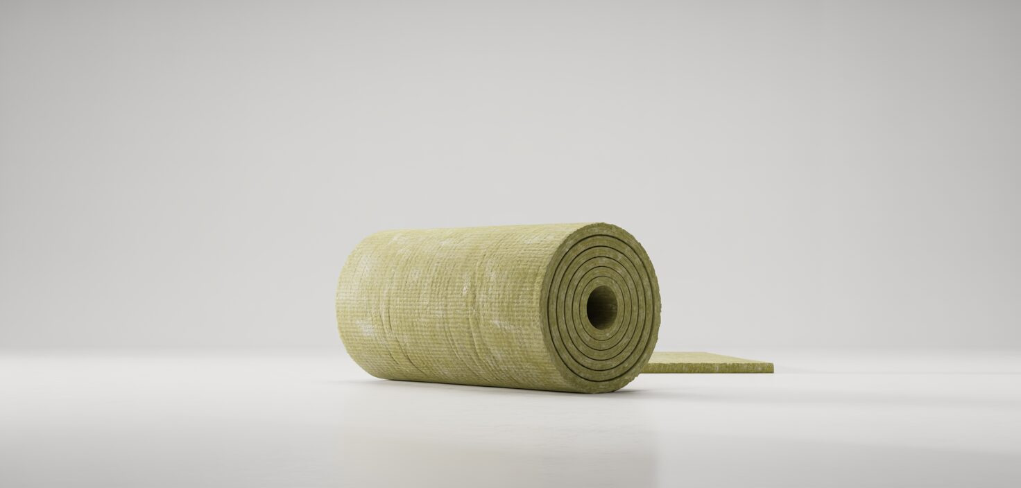 En ultra-minimalistisk bild av en rulle mineralull isolering på en vit bakgrund. Bilden betonar isoleringsmaterialets textur och rena linjer.