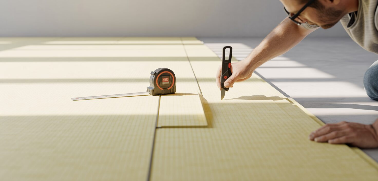 En fotorealistisk bild av en person som installerar polyuretanisolering i skivform, med fokus på enkla verktyg.
