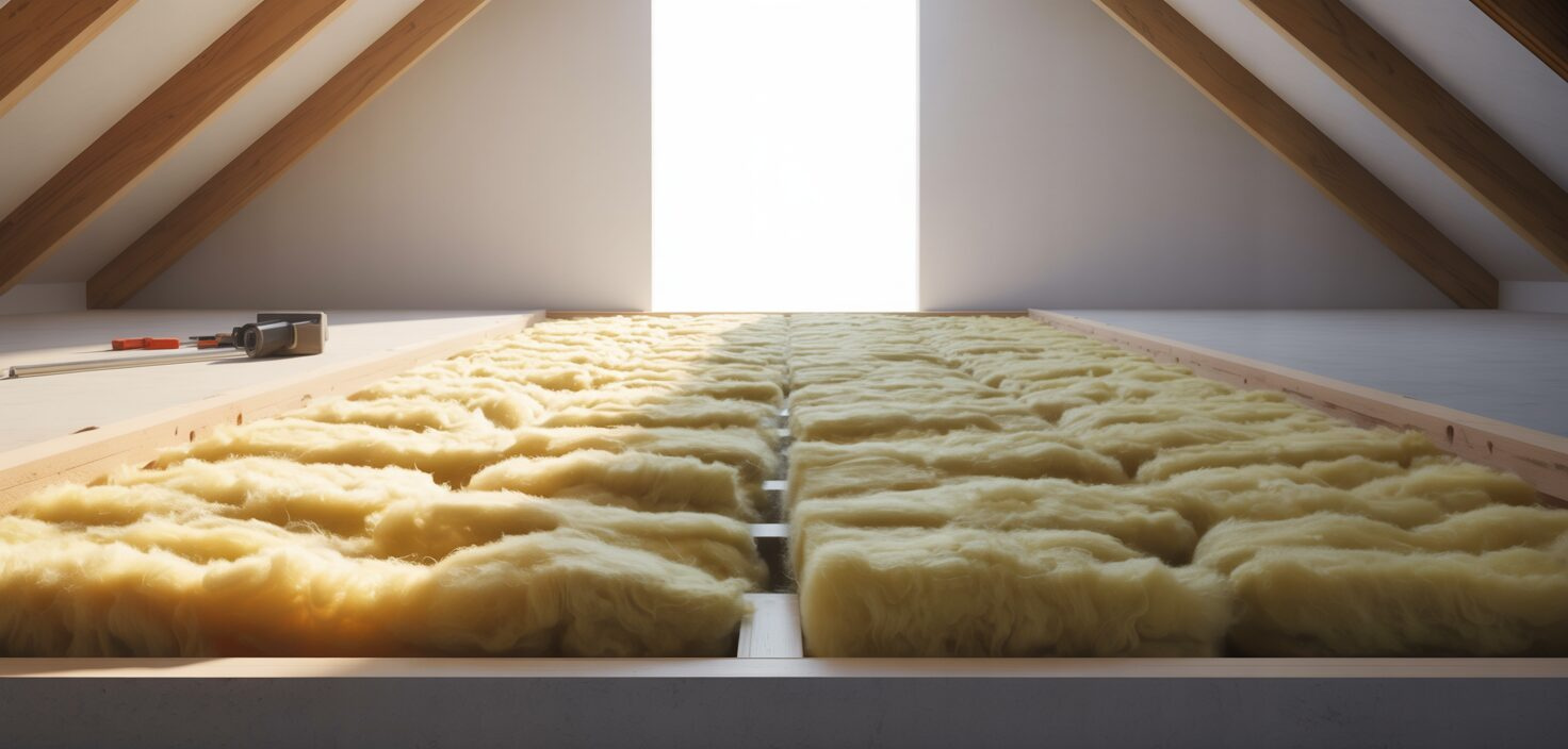 Ett minimalistiskt tak med mineralulls isolering, fotograferat i skarpt ljus.